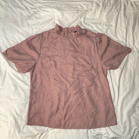 SHEIN | High Ruffle Collar Keyhole Back Short Sleeve Pearl Embellished Blouse - Picture 4 of 13